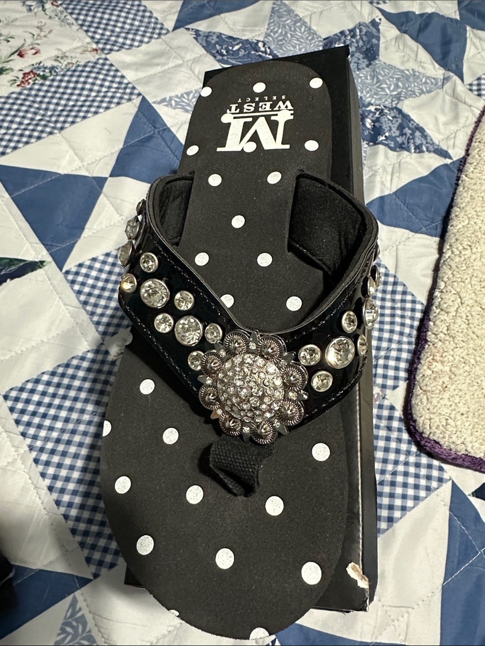 Montana West Black Rhinestone Polka Dot Wedge Sandal